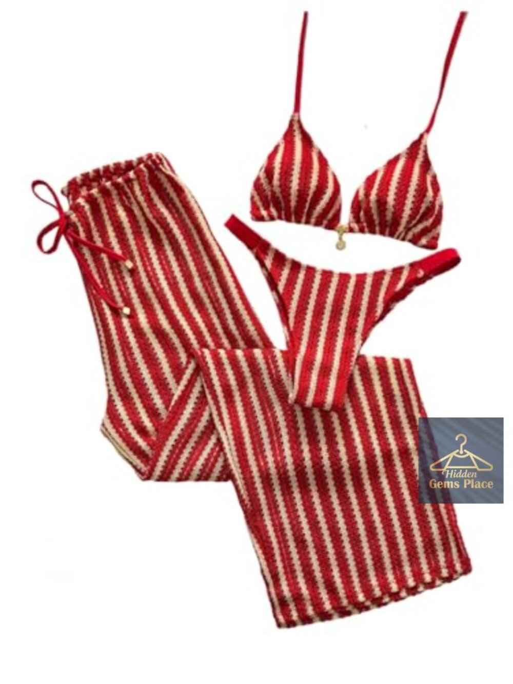 3 Piece Crochet Striped Bikini Set with Cover Up